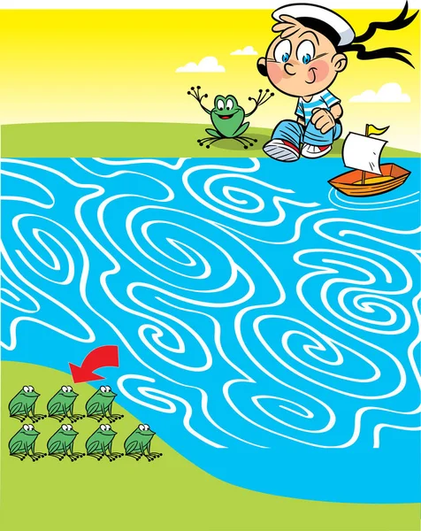 Labyrinth with a boy and frogs — Stock Vector