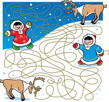 Labyrinth with kids and reindeers clipart