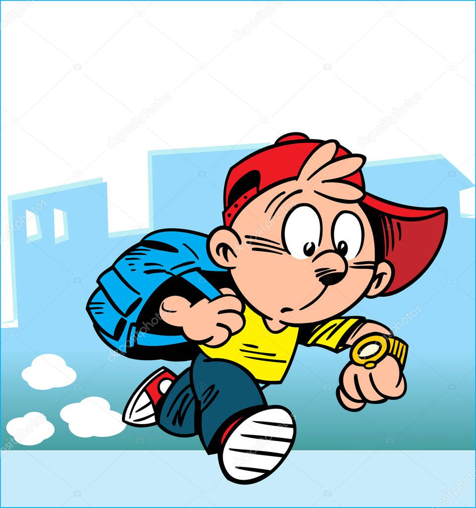 In the vector illustration, a schoolboy with a backpack hurries down the street to school.