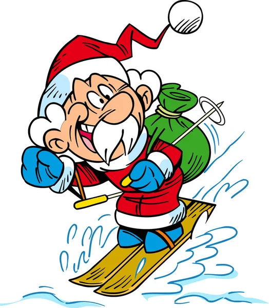 一个矢量图显示了一个快乐的圣诞老人带着一袋圣诞礼物滑雪 — 图库矢量图片