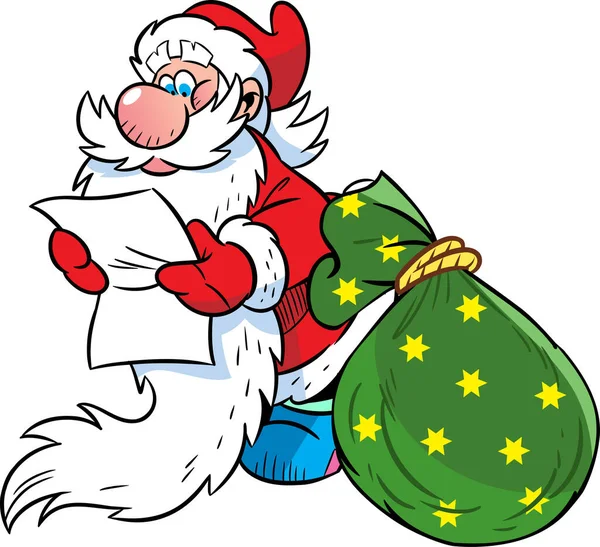ベクトル図は クリスマスプレゼント付きの袋を彼の近くに手紙を読むサンタクロースを示しています — ストックベクタ