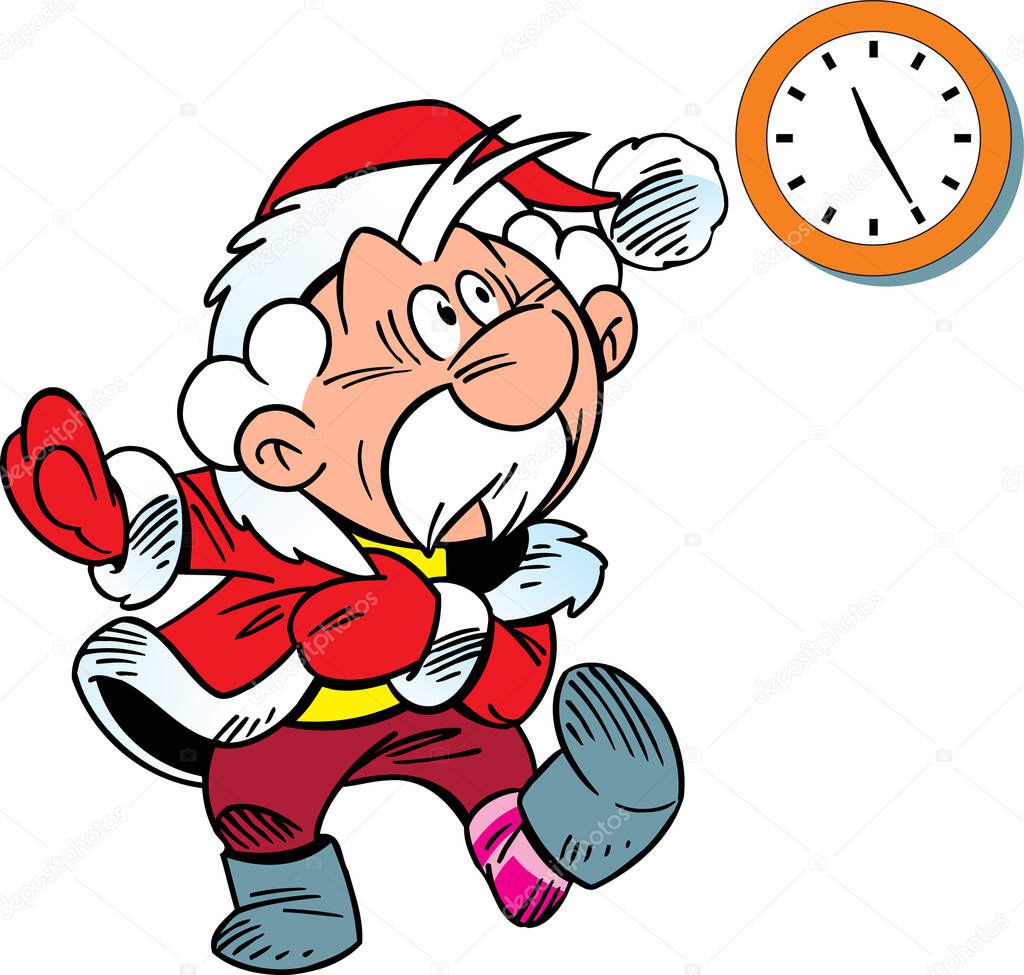 Vector illustration shows Santa Claus dressing and looking at his watch