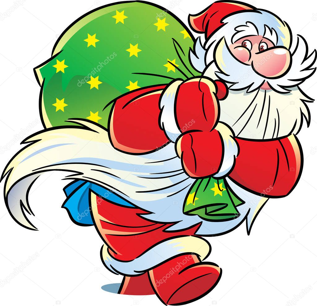 Vector illustration shows Santa Claus walking with a bag of gifts