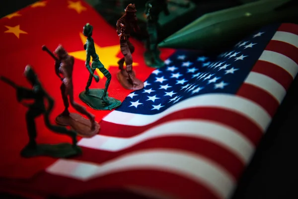 China-US trade war concept - Military Battle on China and American Flags