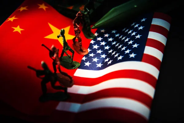 China-US trade war concept - Military Battle on China and American Flags