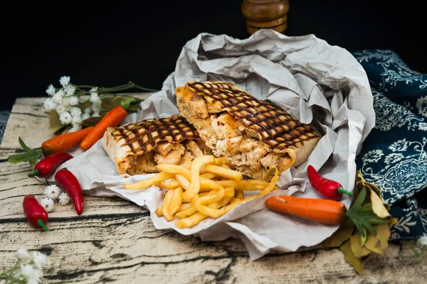 beef tacos served with golden French fries