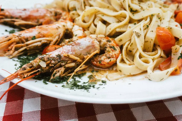 Pasta with Shrimp Dinner Dish on a the table