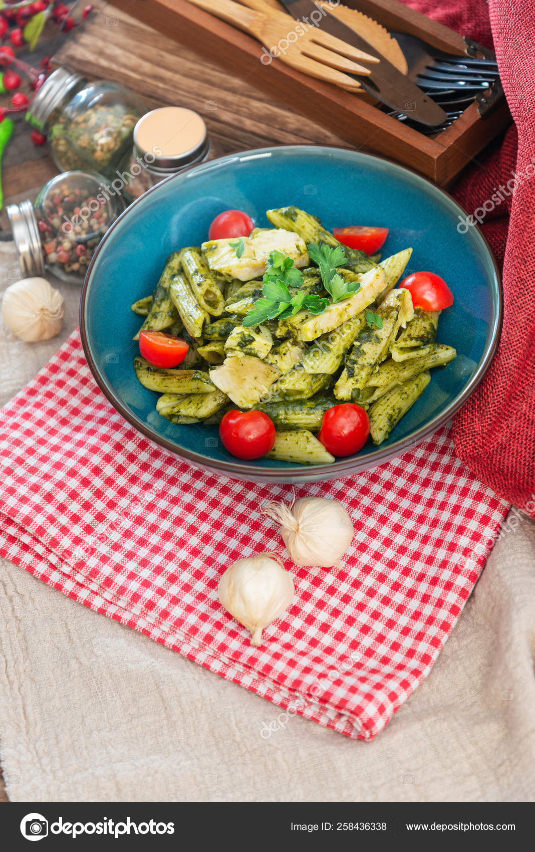 Pasta Pesto Sauce Nuts Table Stock Photo by ©ilolab 258436338