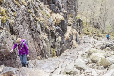 Preikestolhytta, Norveç - 13 Mayıs 2017: Turist üzerinde 13 Mayıs 2017 yılında Preikestolhytta izi Preikestolen için. Preikestolen bir ünlü turistik cazibe Rogaland, Norveç ilçesidir. Preikestolen 604 metre (1,982 ft) yükselen sarp bir uçurum üzerindedir