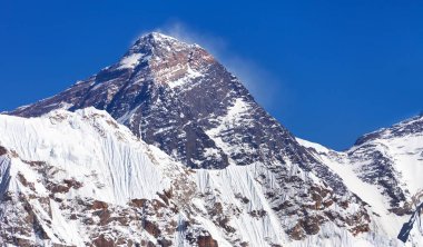 Gokyo Vadisi 'nden Everest' e kadar uzanan Everest Dağı 'nın tepesinde, güney eyeriyle Everest' in ana kampı Nepal Himalayalar 'ın dağları.