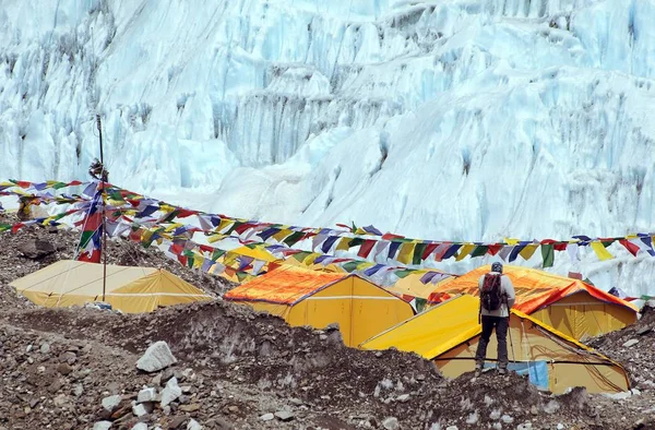 Vue Camp Base Mont Everest Tentes Drapeaux Prière Parc National — Photo