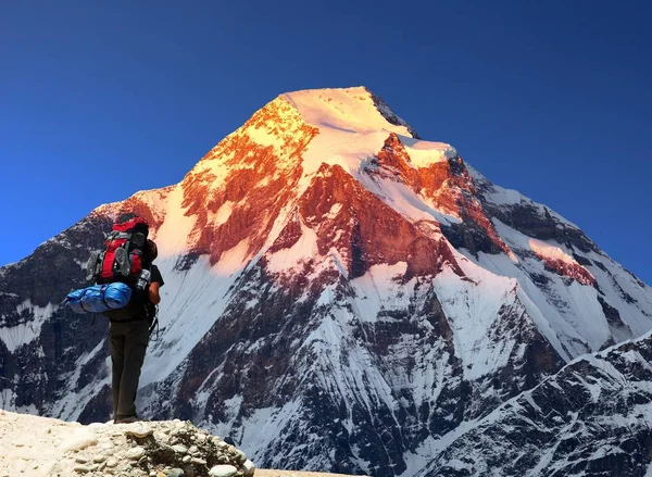 Mount Dhaulagiri Mit Bergsteiger Oder Tourist Abendsonnenuntergang Blick Auf Mount — Stockfoto