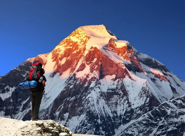 Monte Dhaulagiri Con Scalatore Turista Vista Tramonto Serale Del Monte — Foto Stock