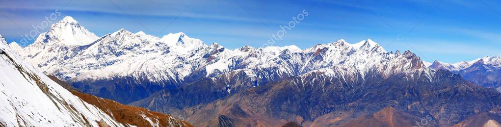 panoramic view from Thorung la pass Annapurna himal to Mount Dhaulagiri - Dhaulagiri himal - Nepal Himalayas mountains