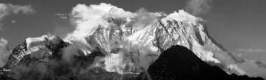 Black and white panoramic view of mount Everest and Lhotse with beautiful clouds on the top from Gokyo Ri - Everest area, Khumbu valley, Nepal Himalayas mountains clipart