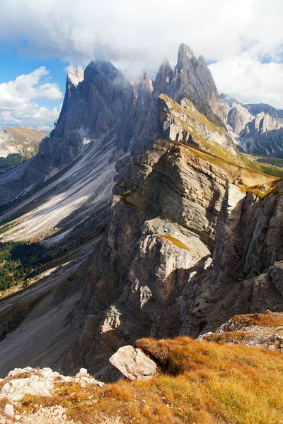 Panoramic View Geislergruppe Gruppo Dele Odle Italian Dolomites Alps Mountains — Stock Photo, Image