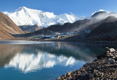 Görünümünü mount Cho Oyu Gokyo gölde yansıtma veya Dudh Pokhari, üç geçer trek ve Cho Oyu temel kamp trek, Sagarmatha Milli Parkı, Khumbu Vadisi, Nepal Himalayalar dağlar