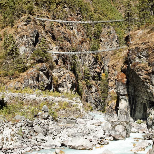 Two Rope Hanging Suspension Bridges Nepal Himalayas Namche Bazar Dudh — Stock Photo, Image