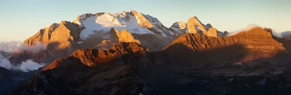 Avonds Zonsondergang Panoramisch Uitzicht Mount Sella Italië Dolomieten Gebergte — Stockfoto