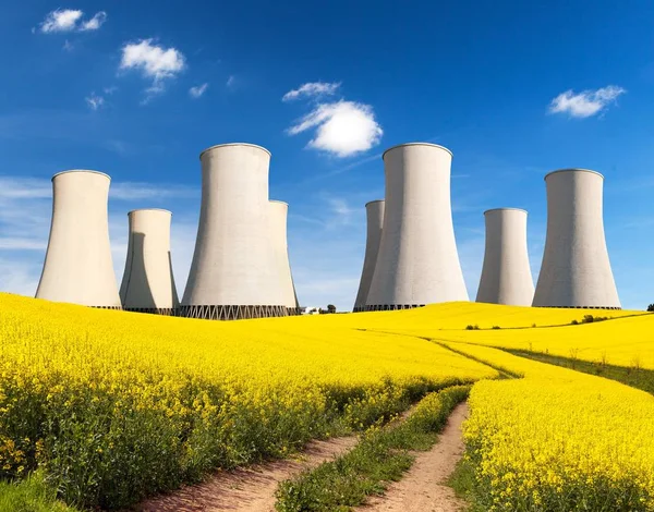 Nuclear Power Plant Jaslovske Bohunice Cooling Towers Golden Flowering Field — Stock Photo, Image