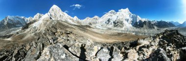 Everest Dağı, Nuptse, Pumo Ri ve Kala Patthar panoramik görünümünü, herhangi bir zamanda yol temel kampı, Sagarmatha Milli Parkı, Khumbu Vadisi, Solukhumbu, Nepal Himalayalar dağlar