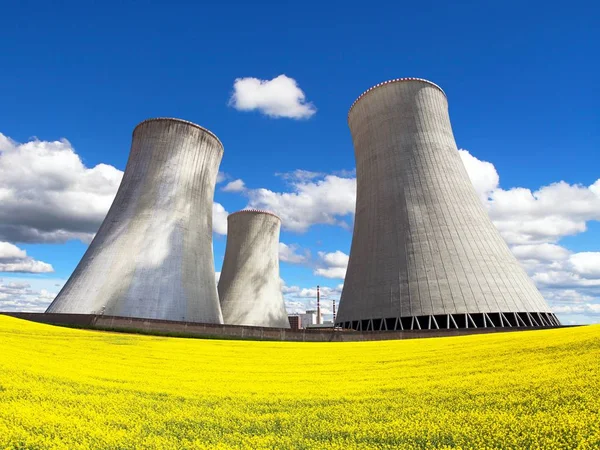Nuclear power plant Dukovany, cooling tower with golden flowering field of rapeseed, canola or colza- Czech Republic - two possibility for production of energy