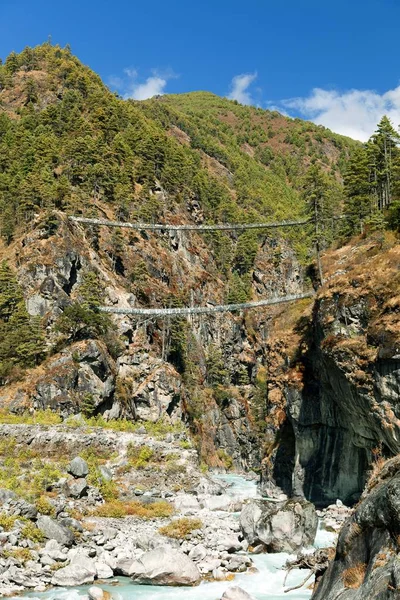 Two Rope Hanging Suspension Bridges Nepal Himalayas Namche Bazar Dudh — Stock Photo, Image