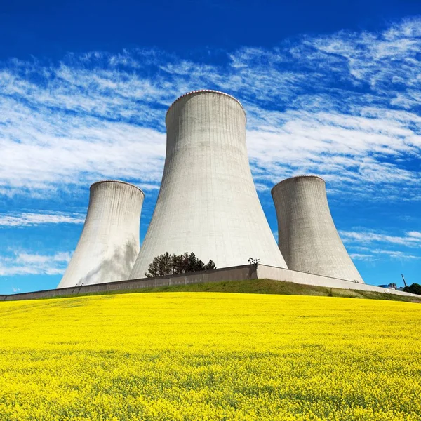 Centrale Nucleare Dukovany Torre Raffreddamento Con Campo Fiorito Dorato Colza — Foto Stock
