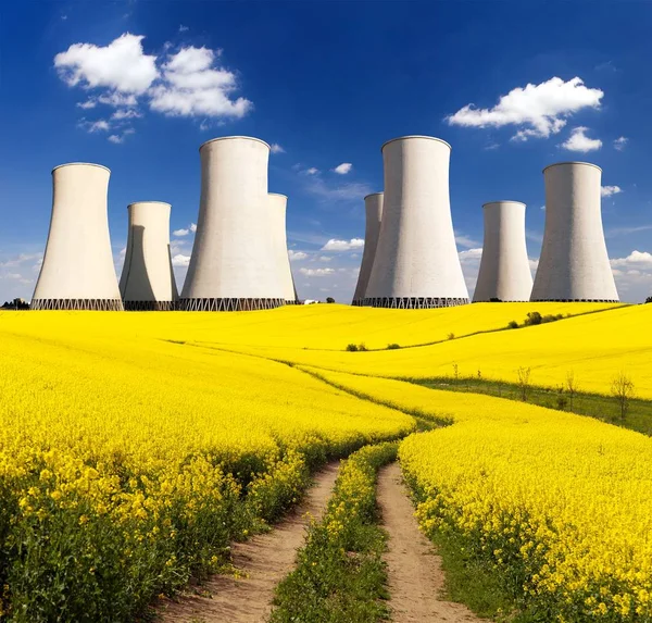 Campo violado planta de energía nuclear torre de refrigeración — Foto de Stock