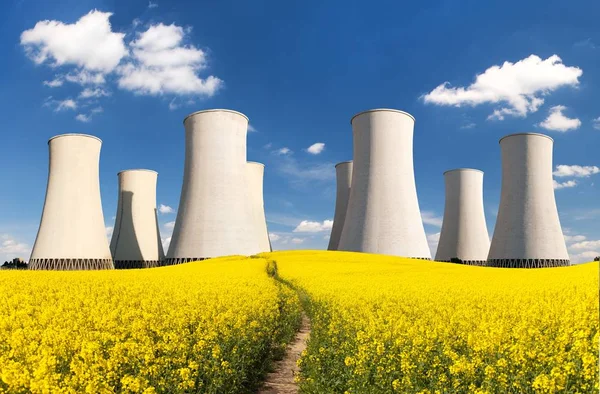 Repce mező atomerőmű hűtőtorony Stock Kép