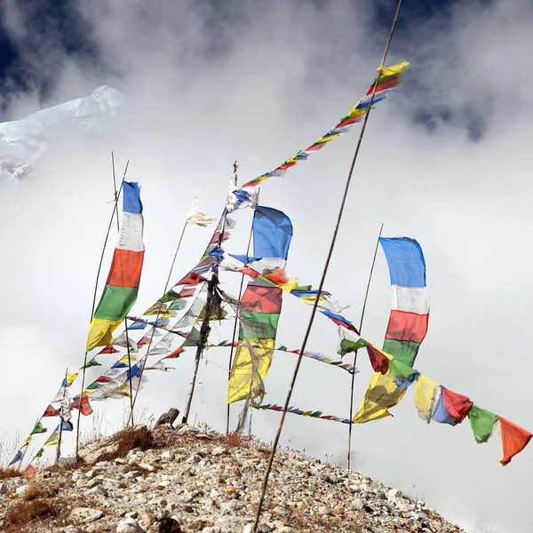 Boeddhistische Gebedsvlaggen en piek 7 VII, Nepal Himalaya — Stockfoto
