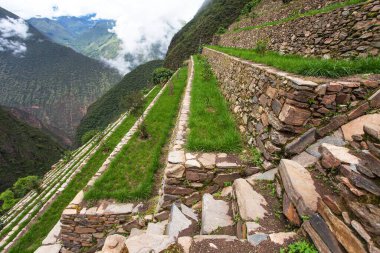 Choquequirao, Peru 'daki en iyi İnka harabelerinden biri. Machu Picchu yakınlarında Choquequirao İnka yürüyüş yolu. Peru 'daki Cuzco bölgesinde. Teraslı alanlar