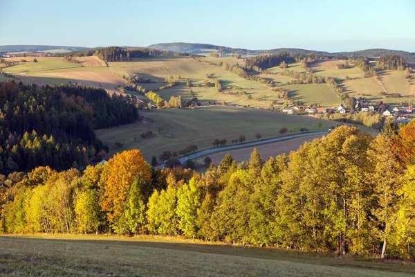 Otoño Panorama Las Tierras Altas Bohemia Moravia Pueblo Vecov Zdarske —  Fotos de Stock