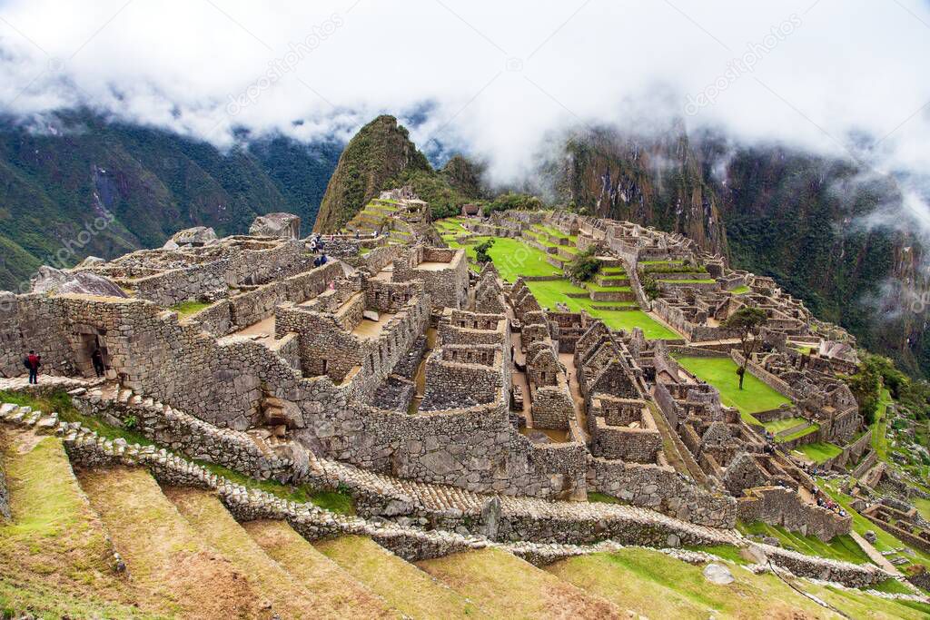 Machu Picchu, panoramic view of peruvian incan town, unesco world heritage site, sacred valley, Cusco region, Peru