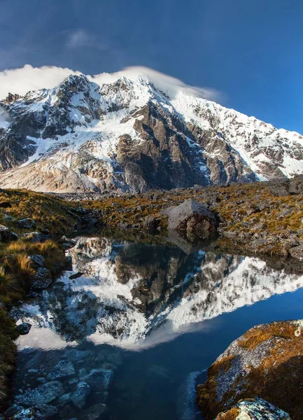 Vue Soir Mont Salkantay Miroir Dans Lac Trek Salkantay Sur — Photo