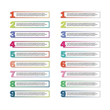 1'den 9'a kadar numaralanmış parlak renkli çerçeveler kümesi. ınfographics. Vektör illüstrasyon. Bilgi iletisi.