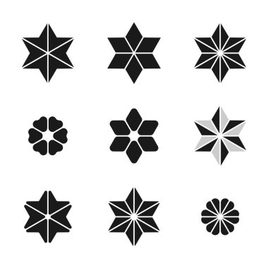Altı köşeli yıldız, desenler ve logolar ayarlayın. Siyah ve beyaz vektör illüstrasyon.