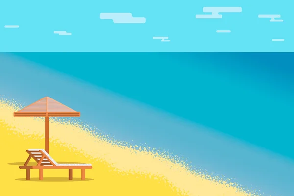 Ilustração plana vetorial. À beira-mar. Praia com espreguiçadeira e guarda-sol . — Vetor de Stock