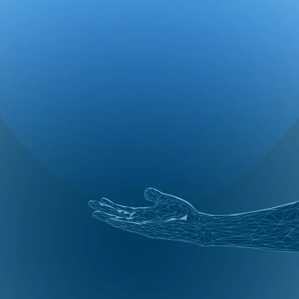 İnsan elinin soyut görüntüsü. Işığın yukarı yassı. 3d. Çokgen ızgara