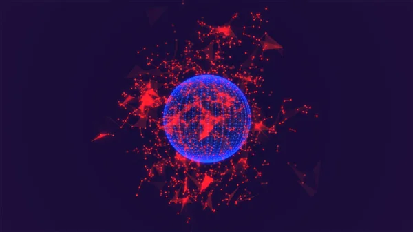 ポリゴンの青いボール。コスモス。赤色の要素の展開。3D レンダリング。抽象的な背景。神経 叢. — ストック写真