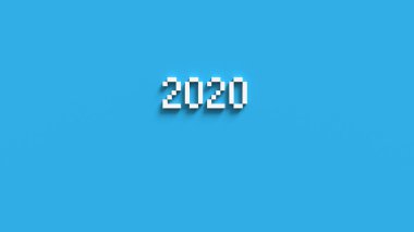 2020 yazıt voxel, piksel. 3d render. Mavi arka plandaki beyaz numaralar. Tema yeni yıl, Noel.