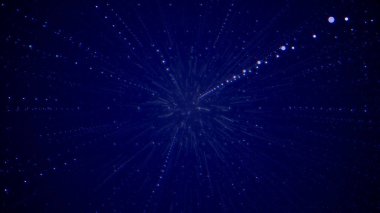 Soyut kozmik arka plan. Parçacıklar gruplara doğru uçar. Renk sapması. Mavi.