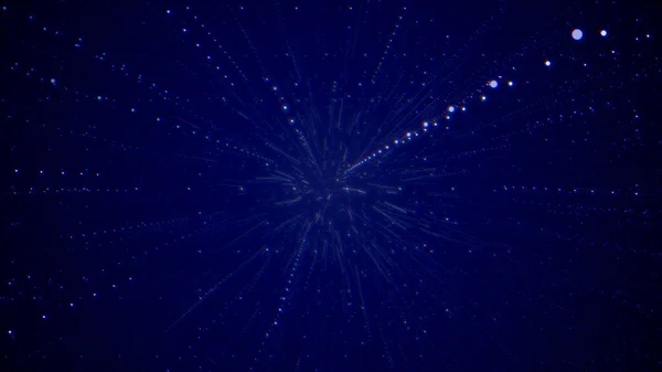 Fundo cósmico abstrato. Partículas voam em direção a grupos. Aberração cromática. Azul . — Fotografia de Stock