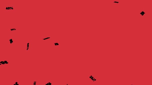 Rabatte Fliegen Richtung Kamera Roter Hintergrund Schwarze Zahlen Werbung Werbung — Stockvideo