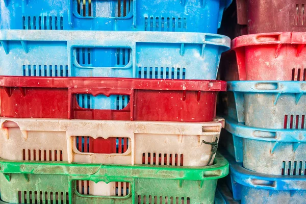 Colorful Old Plastic Crates Background Packing Containers Fish Storage Stack — Stock Photo, Image