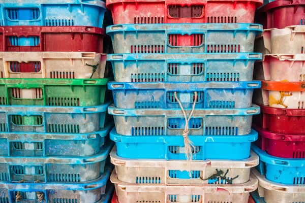 Colorful Old Plastic Crates Background Packing Containers Fish Storage Stack — Stock Photo, Image