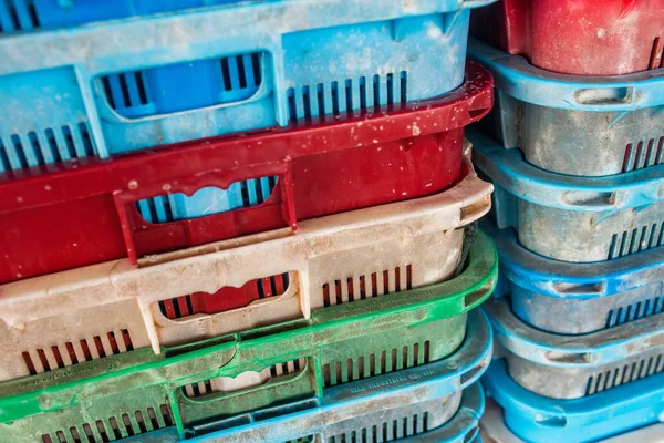 Colorful Old Plastic Crates Background Packing Containers Fish Storage Stack — Stock Photo, Image