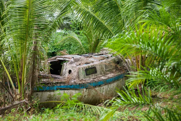 Kadar yakın wrecked ve terk edilmiş bir yelkenli yıpranmış gövde Hindistan cevizi palmiye ağaçlarında büyümüş bir tropikal orman kenarında oturur
