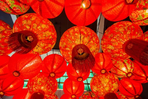Chinese Red paper lantern decoration at shopping mall. view from the ground