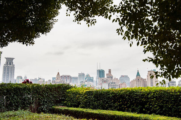 City skyline with green trees framing. wide angle shot